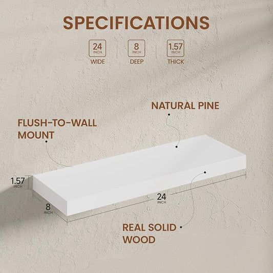 Heimlove Wooden Floating Shelves for Wall, White Pine Shelves Set of 2, 24 in Rustic Wood 8 Inch Deep Floating Shelf with Invisible Brackets for Bedroom Kitchen Living Room - Classic White