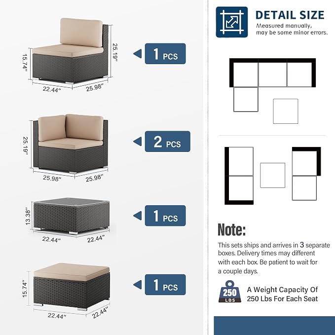 SUNCROWN 5-Piece Outdoor Patio Furniture Set, All-Weather PE Rattan Sectional Sofa with Ottoman, Glass Coffee Table & Cushions, Modular Wicker Conversation Set for Backyard, Garden, Porch, Beige