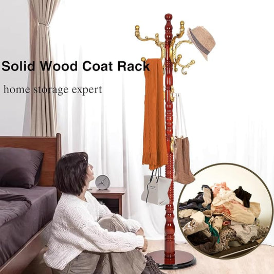 Wooden Coat Rack Freestanding, Hall Tree Hanger With Resin Hooks, Adjustable Heavy Duty Coat Rack for Hanging Clothes Bags Hats in Living Room Bedroom (coat rack, Round Base-Begonia Color)