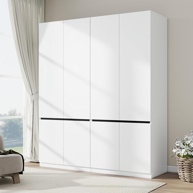 Bedroom Armoire Wardrobe Closet with 4 Doors: 75" White Wardrobe Cabinet for Clothes, Wooden Closet with Hanging Rod, Modern Armoire with Shelves (2)