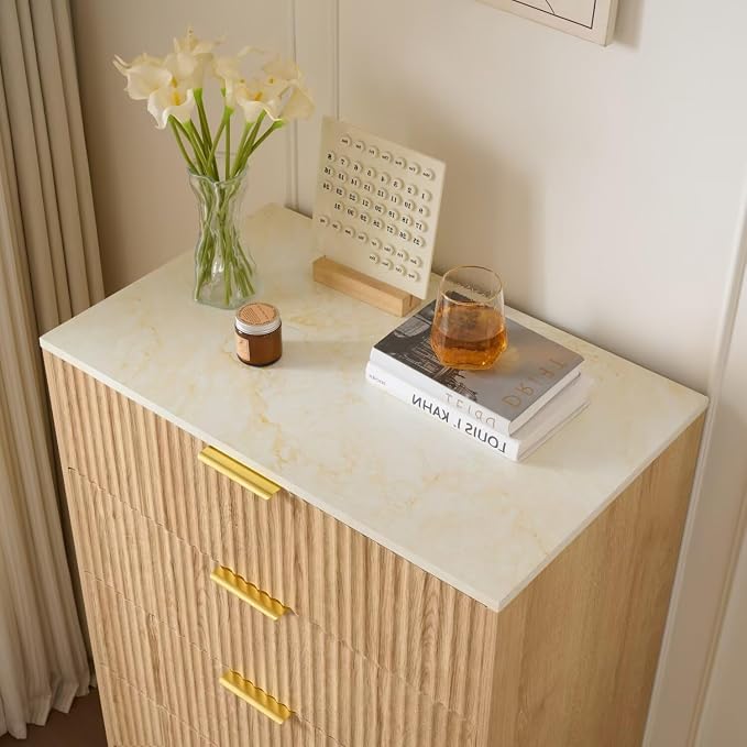 Fluted 5 Drawers Dresser for Bedroom with Faux Marble Top and Gold Handle, 48" Tall 30" Wide Wooden Chest of Drawers, Modern Closet Storage Organizer Dressers for Living Room, Hallway,Oak