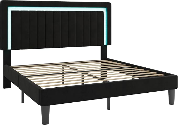 SHA CERLIN King Size Velvet Bed Frame with LED Light, Adjustable Vertical Channel Tufted Headboard, Strong Wooden Slats Support, Noise-Free, No Box Spring Needed, Black