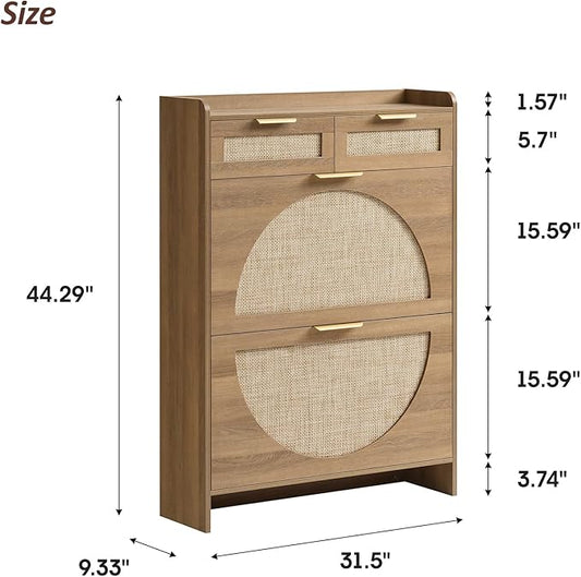 Rattan Shoe Storage Cabinet with 2 Flip Drawers & 2 Drawers, Freestanding Organizer for Front Door Entrance, Hidden Narrow Shoe Rack Cabinet Storage for Entryway, Rustic Oak Rattan