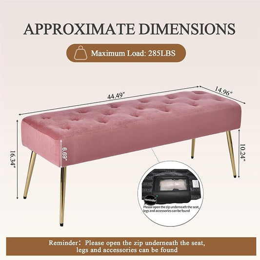 DUHOME Modern Velvet Ottoman Bench, Button-Tufted Upholstered Bedroom Benches,End of Bed Bench with Gold Base for Entryway Living Room Dining Room, Pink