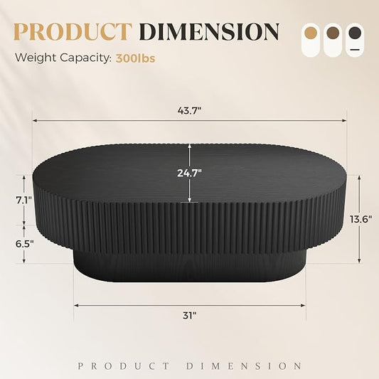 YOUDENOVA 43.7” Oval Coffee Table, Modern Wood Fluted Coffee Table for Living Room, Veneer Handcrafted Relief Center Table with Sturdy Pedestal,Easy Assembly - Black