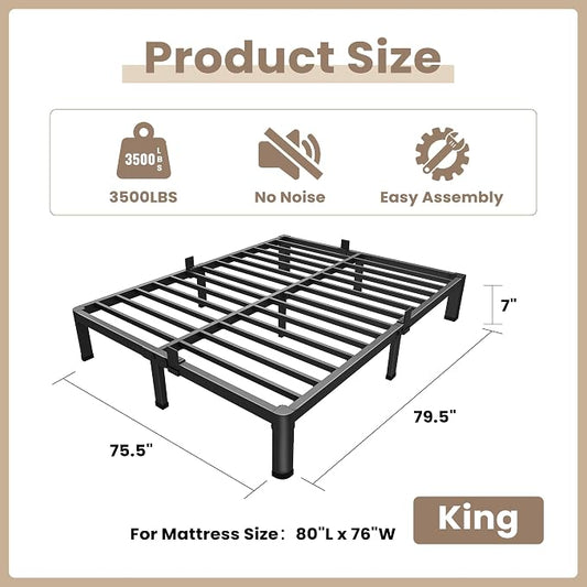 ROIL 7 inch King Size Bed Frame Metal Platform No Box Spring Needed with Round Corner Legs Mattress Stoppers Retainers 3500LBS Heavy Duty Steel Slats Noise-Free Easy Assembly