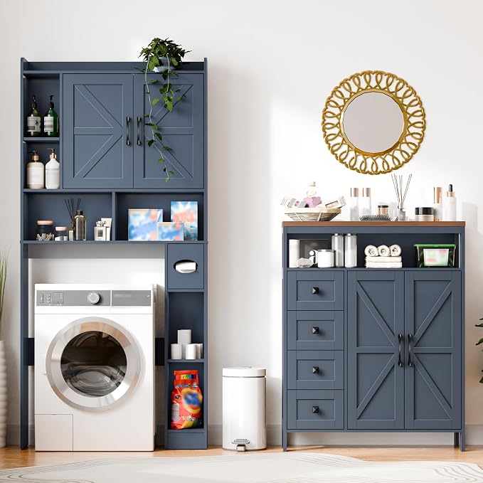 Vabches Farmhouse Storage Cabinet with 2 Doors and 4 Drawers, Freestanding Bathroom Compartment Kitchen Pantry Cabinet, Floor Cupboard for Kitchen/Living Room/Bathroom,Blue