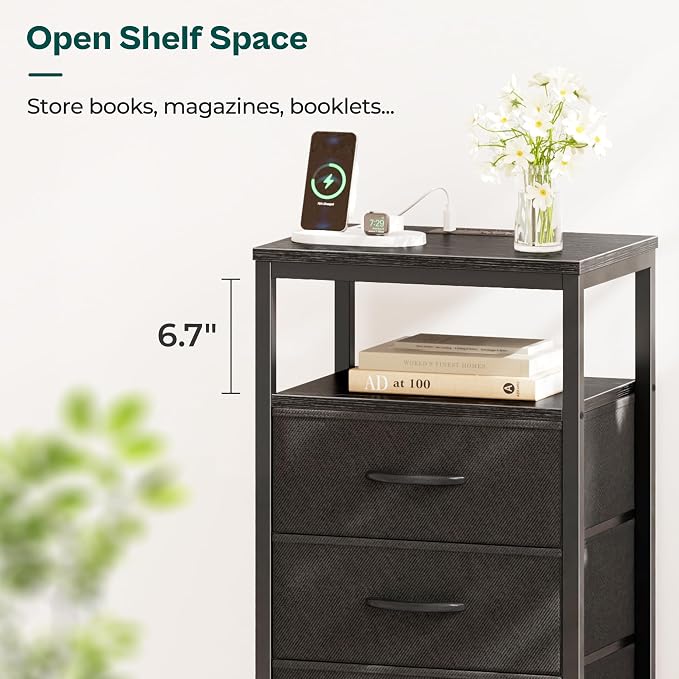 Huuger 5 Drawers Dresser with Charging Station, Dresser for Bedroom, Tall Night Stand, Chest of Drawers with Open Shelf, Bedside Table Nightstand, Fabric Storage Drawers, for Entryway, Black