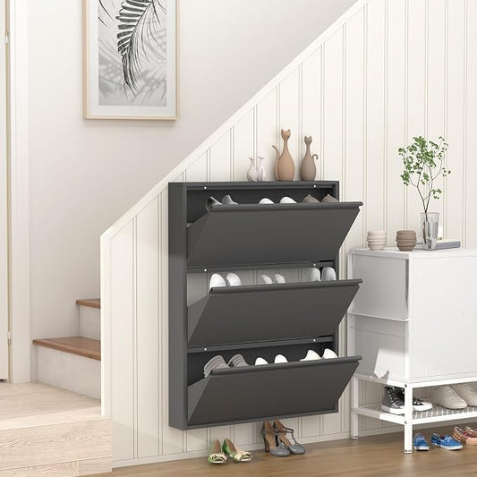 GREATMEET Shoe Cabinet with 3 Flip Drawers, Metal Entrance Shoe Cabinet Storage for Entryway, Modern Hidden Narrow Shoes Rack Organizer Wall Mount for Living Room, Bedroom, Hallway,Black