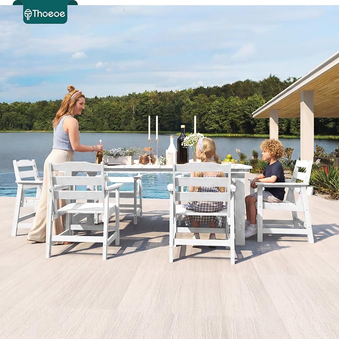 THOEOE 5 Piece Outdoor Dining Set, Patio Dining Table and 4 Chairs, All-Aluminum Frame, All-Weather HDPE Outdoor Furniture with Umbrella Hole for Garden, Lawn, Poolside, White