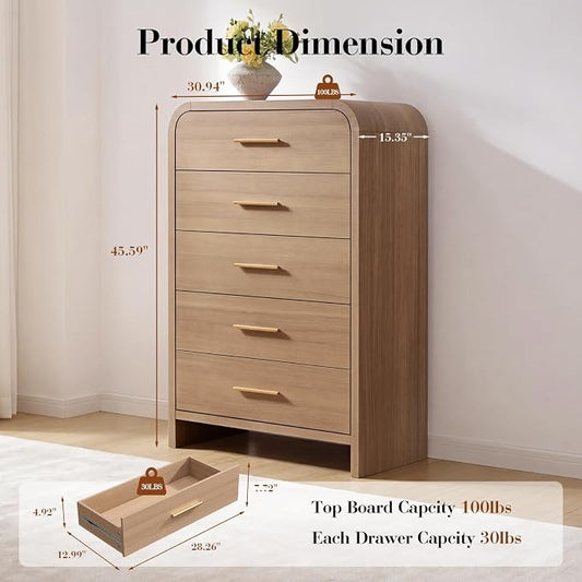 Curved 5 Drawer Dresser for Bedroom, 31'' Wide Chest of Drawers, Modern Storage Cabinet for Hallway & Living Room TV Stand, FSC Certified 1.18" Thick Board, 100 lbs Top Weight, Oak
