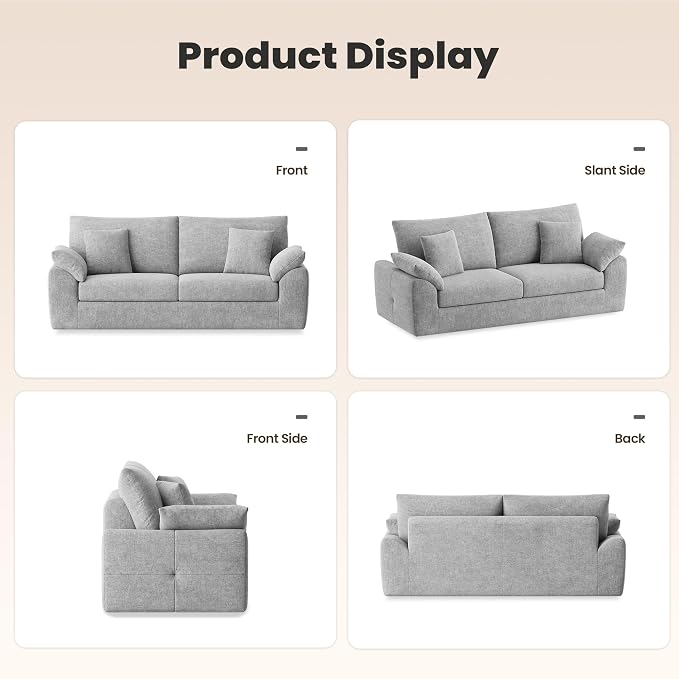 90" Boneless Loveseat Sofa, Polyester Fabric 2-Seater Couch with 4 Pillows, No Assembly Required, Soft High Density Foam Cushion, Pillow Armrest for Living Room Bedroom Apartment (Grey)