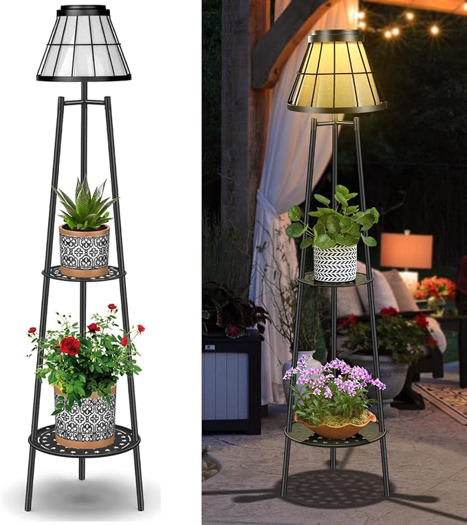 MXwcy 2-Tier Solar Plant Stand with Light, Modern Outdoor Floor Lamp with Classic Grid Lantern, Waterproof Tall Metal Planter Display Rack for Patio, Porch, Balcony, Garden Decor (2 Pack)