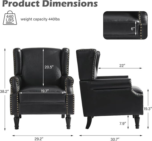 High Back Accent Chair, Faux Leather Wingback Chair Upholstered Armchair for Living Room - Black