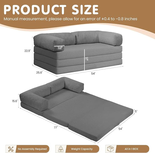 Convertible Sofa Bed Full,5-in-1 Folding Boneless Couch Corduroy Futon Sofa Bed,Tri-Fold Mattress with Removable Armrests & Handle,Sleeper with Pull Out Bed for Small Space Bedroom Grey