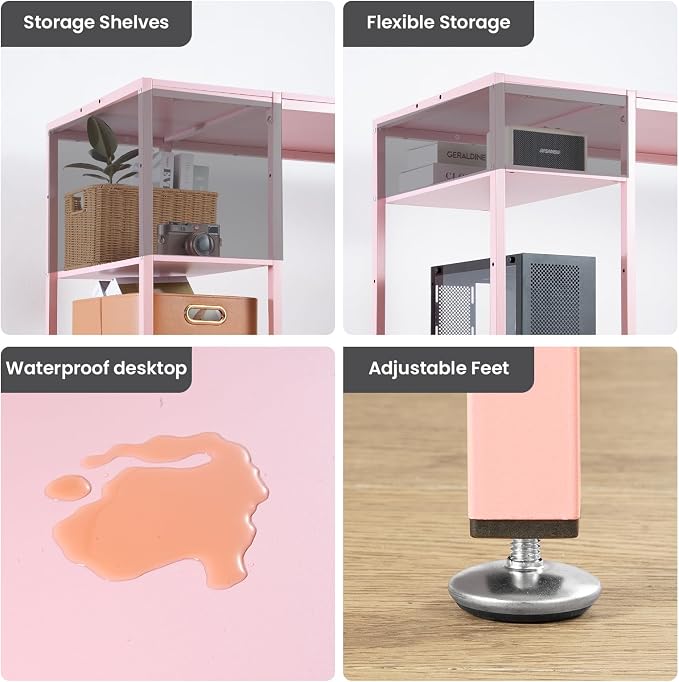 MINOSYS Computer Desk 55-inch with Storage Shelf - Pink Ideal Gaming Desk for Bedrooms, Small Spaces, and Home Offices Modern Writing Desk for PCs.