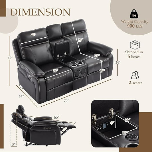 Power Reclining Loveseat with LED Reading Light/Storage Drawer, Power Loveseat Recliner Sofa, Reclining Loveseat with Bluetooth Speakers/Outlets/Breathing Leather (Brown, 2 Seat with Console)