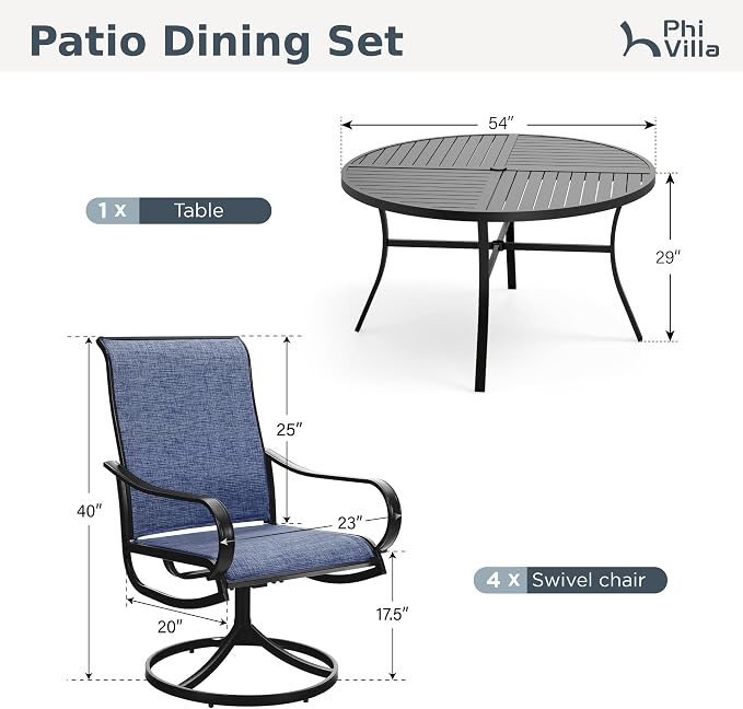 PHI VILLA 7 Piece Outdoor Patio Dining Set with 6 Swivel Dining Chairs & 1 Large Round Dining Table, Blue Textilene Mesh Fabric Chair and 54" Metal Table for All Weather