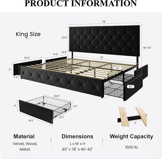 SHA CERLIN King Size Platform Bed Frame with 4 Oversized Storage Drawers, Adjustable Headboard with Velvet Upholstery, Diamond Button Tufted Design, Wooden Slat Support, No Box Spring Needed, Black