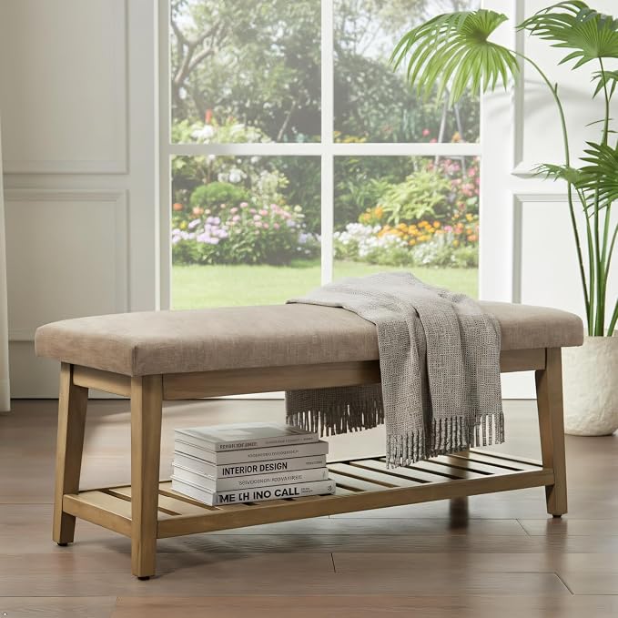 Zihanhome Entryway Shoe Bench with Cushion, End of Bed Bench,Upholstered Bench for Kitchen, Bench with Solid Wood Shelf, Fabric Ottoman Bench for Hallway, Living Room (Brown)