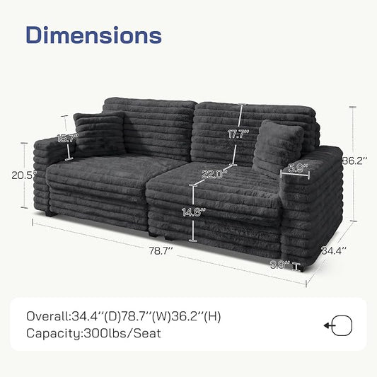 78.7" Corduroy Love Seat Sofa, Cloud Deep Seat Couch with Legs 2 Pillows, Fluff Corduroy Loveseat for Small Space, Living Rooms and Apartment, Dark Grey