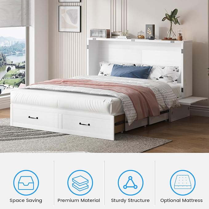 PUREMIND Queen Murphy Bed with Mattress Included, Solid Wood Cabinet Bed with Storage Drawer, USB Charging Ports and Folding Tray, Space Saving Hideaway Murphy Beds Cabinet for Guest Room