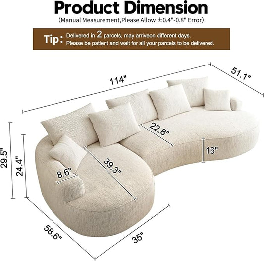 115-inch L-Shaped Luxurious Modern Contoured Curved-Back Sofa, a Seamless Boneless Design with Curved Silhouette, Ideal for Living Room use(Left Chaise, White)