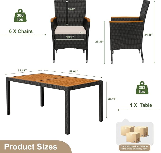 Devoko Dining 7 PCS Furniture, Patio Conversation Set with Acacia Wood Table Top, Outdoor, Beige Cushion and Black Rattan