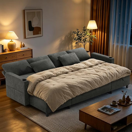 110" U-Shape Reversible Sectional Sofa Bed w/USB Port, Light Grey | Upholstered Sleeper Couch w/Adjustable Backrest and Storage Chaises, Chenille Modern Sofa w/Pull-Out Bed for Living Room