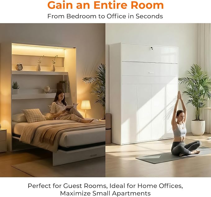 CECER Queen Vertical Murphy Wall Bed,Space Saving for Offices/Guest-White | Durable Gas-Lift for smooth folding,16 Color Controllable LED Lights,Sturdy frame & Easy Assemble,High Gloss Panel