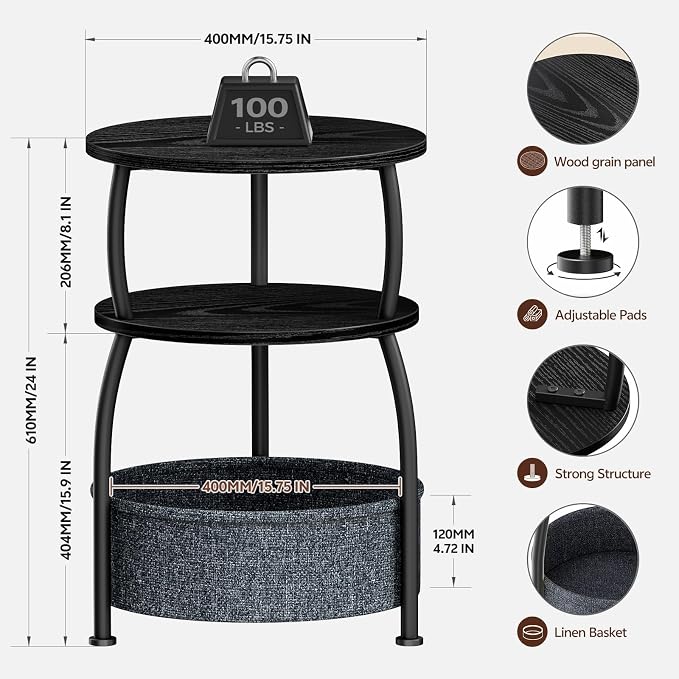 Round Side Table with Storage Basket, End Table Living Room, Black | Round End Table Small Spaces, Bedside Table for Bedroom, 3 Tiers, Sofa Couch Side Table, Greige 15.75 x 24in
