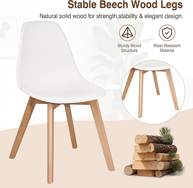 VECELO Dining Chairs Set of 4, Mid-Century Modern Kitchen & Dining Room Chairs, Molded Plastic Seat & Back, Solid Wood Legs, Armless, Non-Slip Feet, White