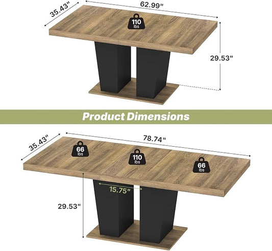 Zevemomo 63"-78.7" Expandable Dining Table, 6-10 Rectangle Table, Extendable Console Table, Wooden Farmhouse Kitchen Table with Metal Track & Dual Column Base for Living, Office-Brown