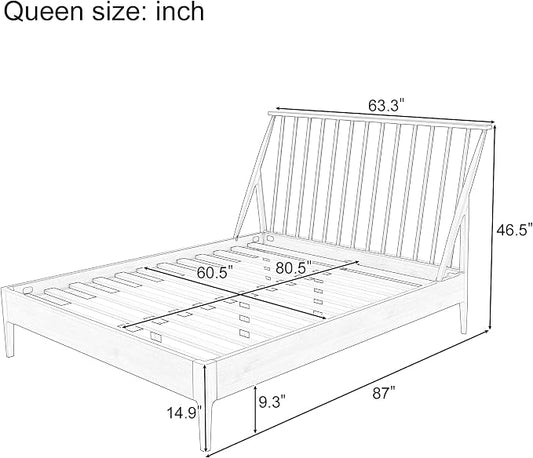 Merax Queen Size Solid Bamboo Wood Spindle Platform Queen Bed with 46.5" Tall Headboard, Bohemian Bed Frame with Wooden Slats and Metal Support, Mid-Century Modern Style, No Box Spring Needed, Black
