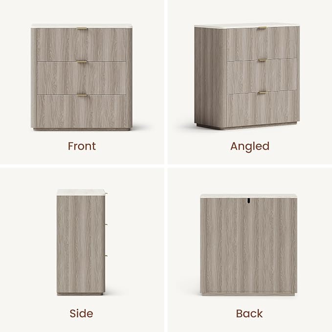 ModernMate 3 Drawer Dresser with Curved Profile & Faux Travertine Texture, 31.5" Large Nightstand Anti-Tip Chest of Drawers for Bedroom, Living Room, Wood Grain Gray