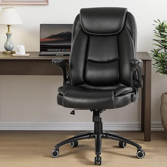 MALOL 300lbs Office Chair with Flip-Up Armrests & Reclining Backrest, Ergonomic PU Leather Executive Desk Chair-Adjustable Height & Tilt Tension, Black