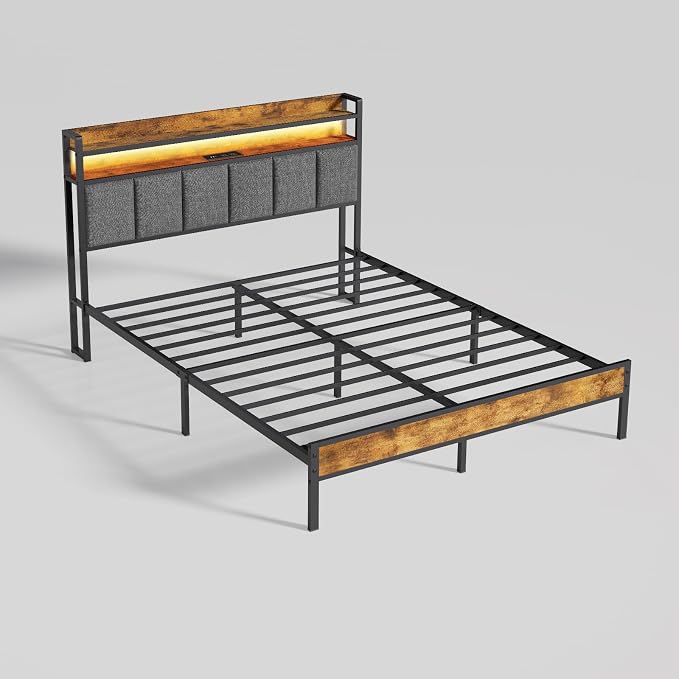 Twin Bed Frame with LED Light &Charging Station, Metal Platform Bed with 2-Tier Shelves & Under Bed Storage, Upholstered Headboard&Footboard,No Box Spring Needed,Noise Free,Easy Assembly,Vintage Brown