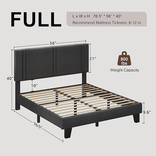 Einhomn Upholstered Full Size Bed Frame with Linen Fabric Headboard, Strong Wooden Slats Support, Noise Free, No Box Spring Needed, Dark Grey