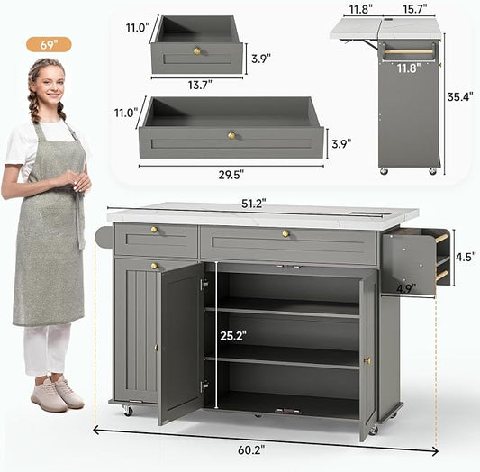 ONBRILL 60" Kitchen Island with Power Outlet & Drop Leaf, Rolling Island with Spice Rack & Towel Rack, Kitchen Island Cart with Trash Storage Cabinet, Island Table for Kitchen, Grey+Imitation Marble