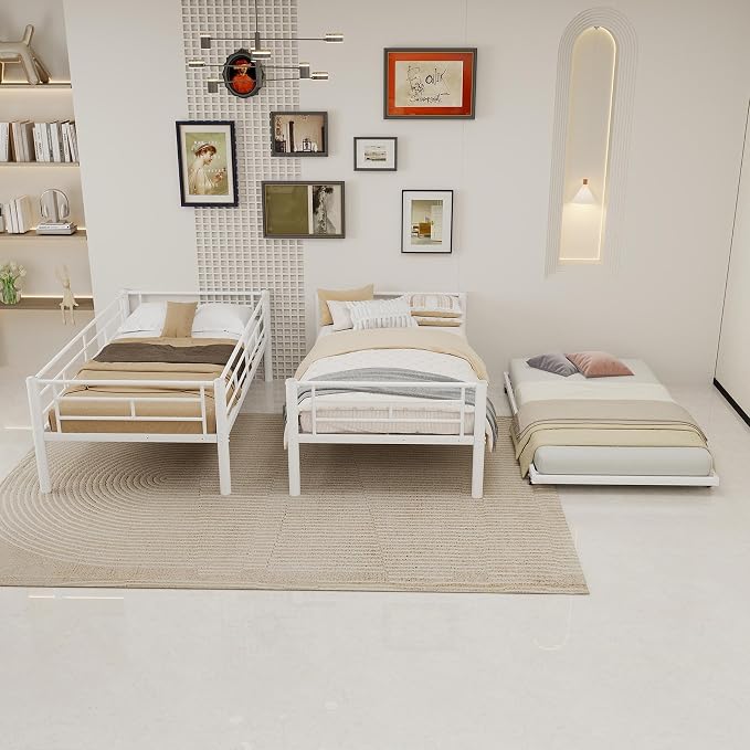 3-Way Convertible Twin over Twin Bunk Bed with Trundle, Metal Low Bunkbed for Kids Boys Girls, Guardrail & Ladders, Heavy Duty, No Box Spring Needed, Space-Saving, Easy Assembly (White, With Trundle)