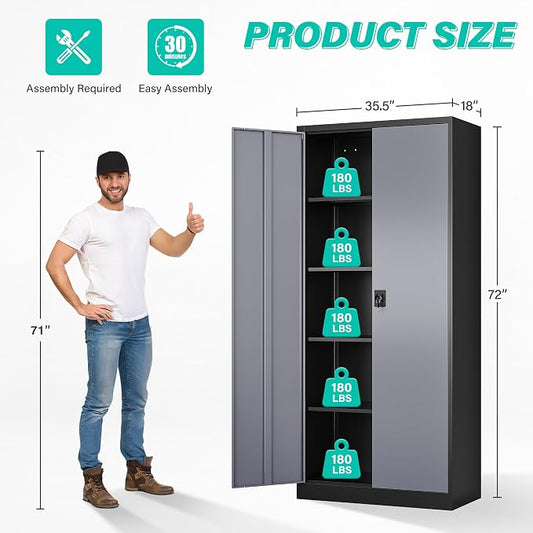 SISESOL Wide & Deep Metal Storage Cabinet with Lock & Adjustable Shelves,72" Gray Garage Storage Cabinet with Locking Doors,Locking Metal Cabinets for Home,Office,Shop,Garage 72x36x18