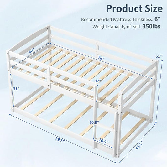 MAT EXPERT Bunk Bed Twin Over Twin, Low Wood Bunk Bed Frame w/Safety Guardrails, Ladder & Slats, Floor Platform Twin Bunk Beds for Kids Toddlers Teens, for Dorm Bedroom, No Box Spring Needed (White)