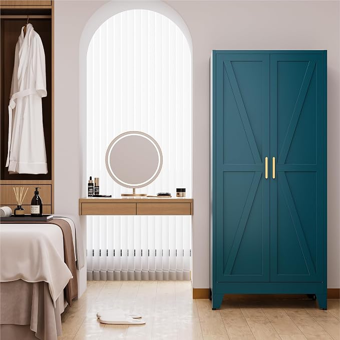 71" Tall Metal Armoire Wardrobe Closet with Hanging Rod and 3 Adjustable Shelves,Blue Storage Cabinet,Steel Wardrobe for Bedroom Garage Laundry Room Office Apartment Amployees,6 Tier,1 Pack