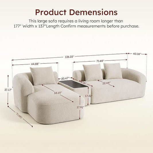 Relefree Curved Sectional Sofa, 136" Chenille Curved Couch with Movable Coffee Table, Couches with High-Resilience Foam, Boneless Sofa for Living Room, Oversized, Cloud Comfort, Thick Backrest White