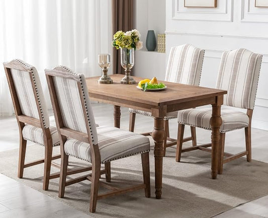 EALSON Upholstered Dining Chairs Set of 8 Farmhouse Dining Room Chairs with Wood Legs and Nailhead Trim Mid Century Modern Kitchen Chairs with High Back Padded Parson Chairs, Linen Brown Stripe