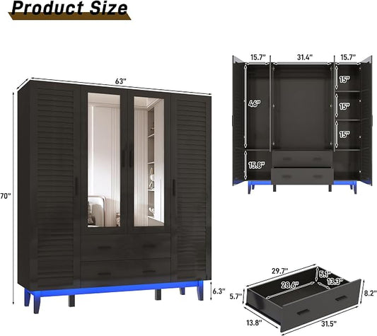 jiteentarou 4 Door Armoire Wardrobe Closet Cabinet with Drawers and LED Lights, Multi-Tier Shelves, Hanging Rod & Louver Doors, Large Capacity Storage Wardrobe Armoire for Bedroom(4 Doors Black)