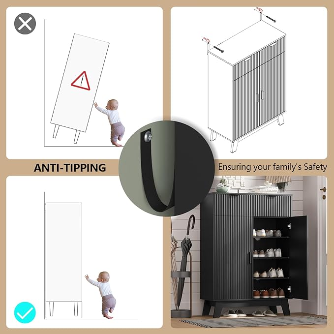 Shoe Cabinet Storage for Entryway with Doors, 4 Tier Fluted Shoe Organizer with 2 Drawers, Entryway Shoe Storage with Adjustable Shelves, Freestanding Hidden Shoe Rack for Front Door Entrance, Black