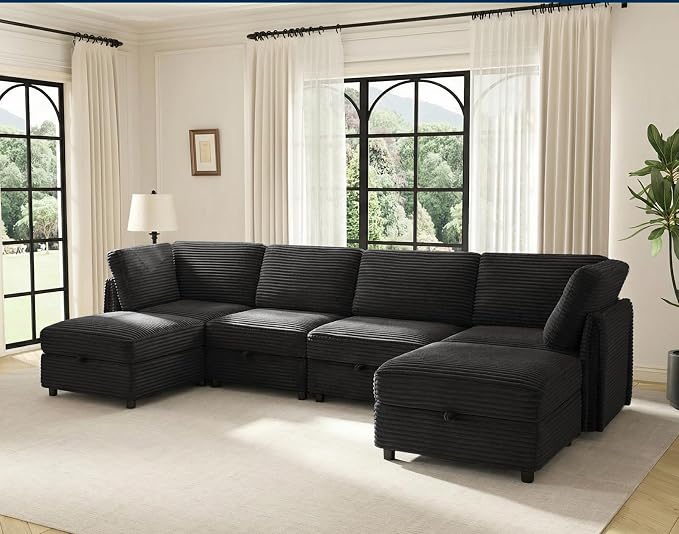 KKL Modular Sectional Sofa U-Shaped 6 Seater Couch with Storage Ottoman, Convertible L-Shaped Plush Wide-Wale Corduroy Couch for Living Room, Apartment, Modern Design, Black