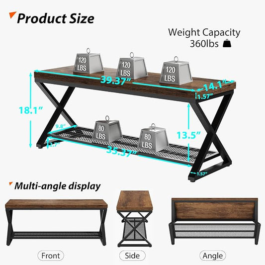 LVB Rustic Entryway Bench with Shoe Storage, Wooden and Metal Shoe Bench with Seating, Industrial Indoor Bench for Living Room Bedroom, Shoe Rack Bench for Foyer Hallway Entrance, Rustic Brown, 39 in