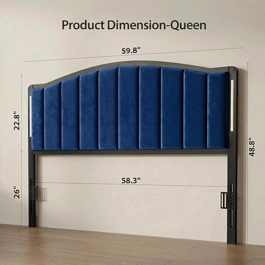 Headboard for Queen Size Bed with LED Lights, Upholstered Vertical Channel Tufting Head Boards, Velvet Headboard Only, Attach Frame, Ideal for Bedroom, Dorm, Guest Room, Blue